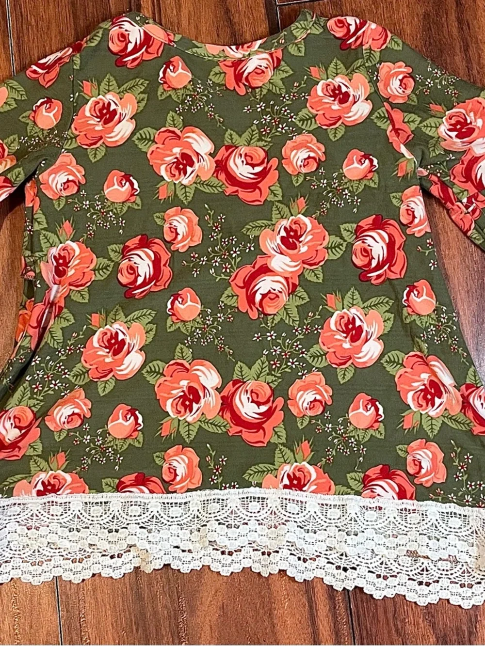 Little Lass Olive Green Floral Ruffle Top with Pink & Red Roses 3/$18 or 4/$20 - Picture 4 of 10